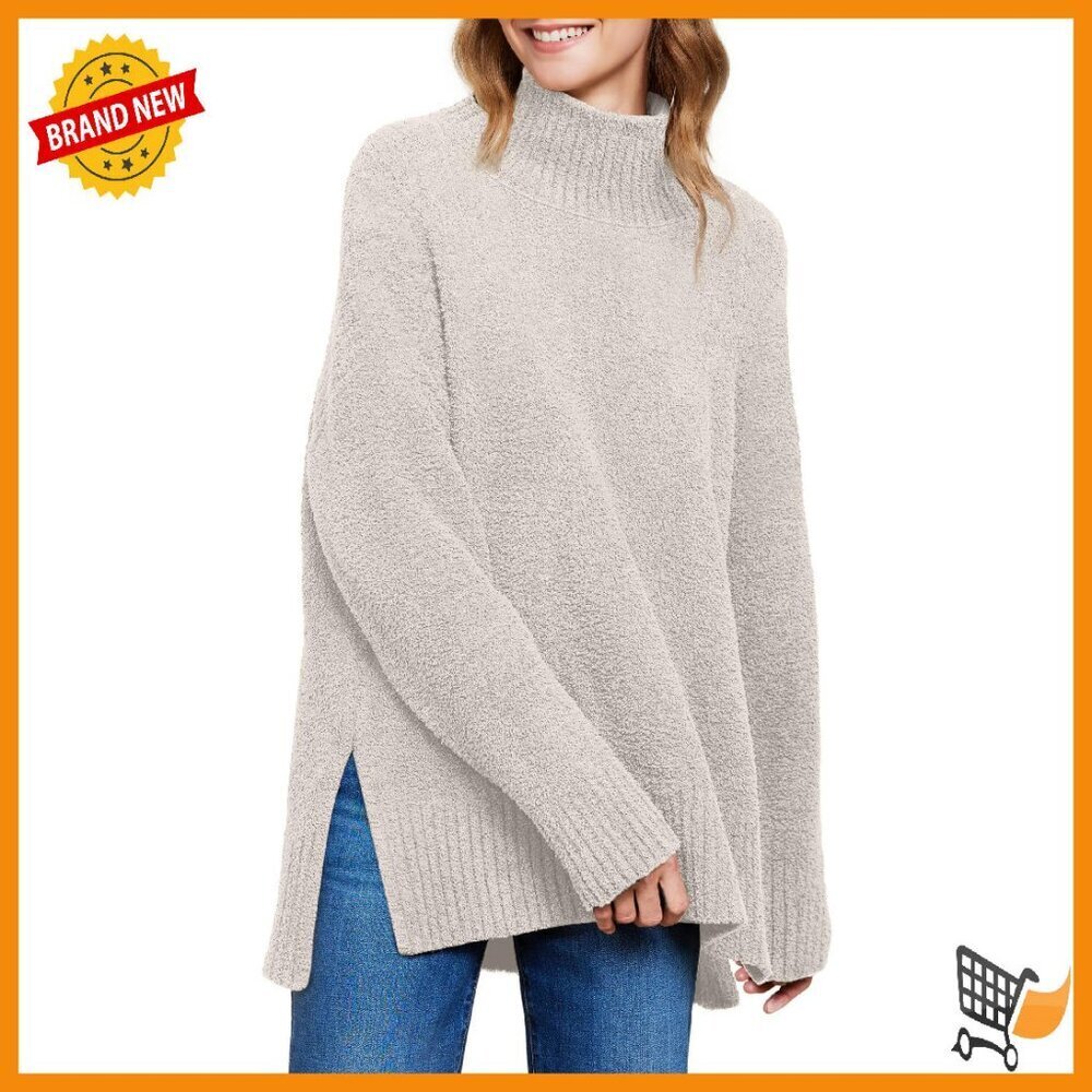 Oversized Turtleneck Pullover Sweater Fuzzy Knit Slit Side Chunky Warm